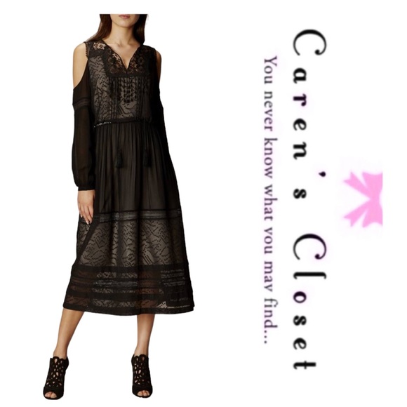Karen Millen Dresses & Skirts - Karen Milan Black Chiffon Lace Cold Shoulder Midi Cocktail Dress